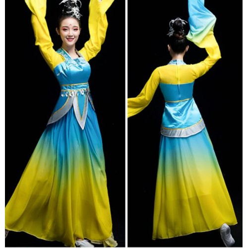 Women's girl hanfu blue with yellow chinese folk dance costumes princess water sleeves fairy empress queen cosplay dresses